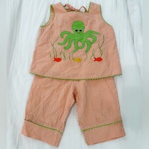 Monday’s Child 100% cotton Orange gingham Octopus/ocean/ fish design set